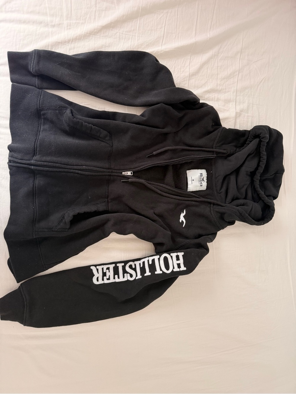 Hollister Black Zip Hoodie with White Sleeve Logo